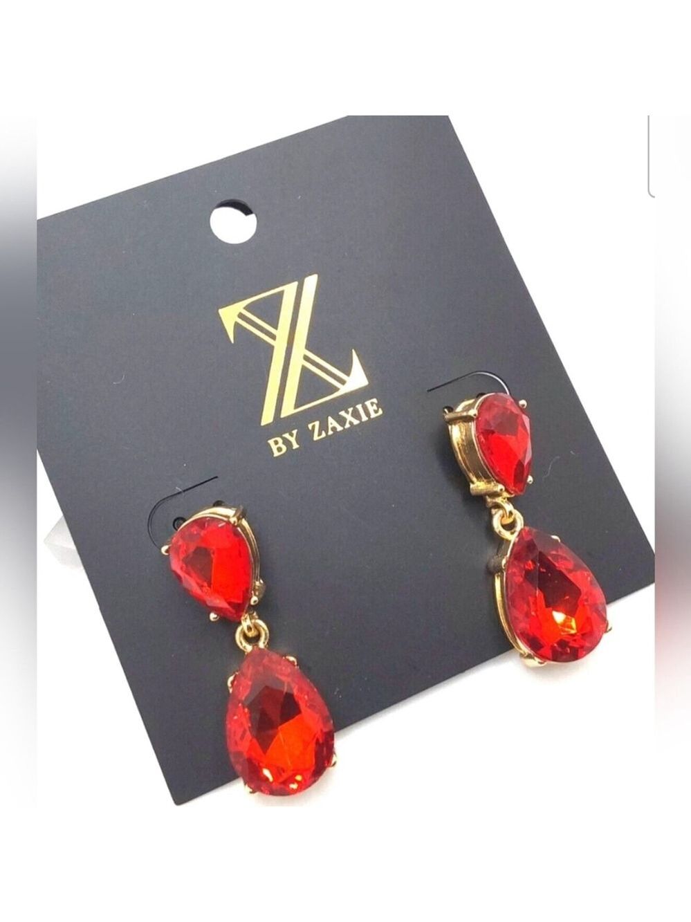 Zaxie Gold Tone Red Glass Stone Dangle Drop Earrings